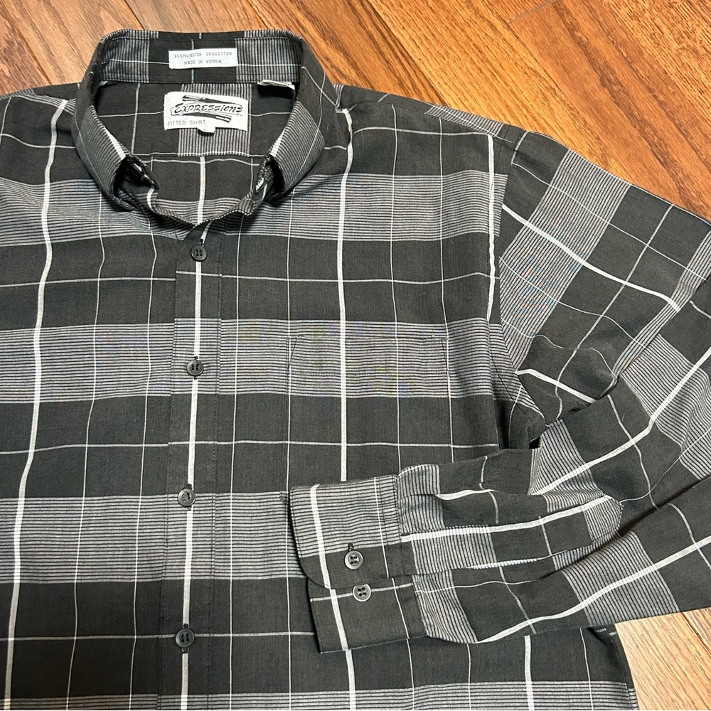 Vintage! Expressions Fitted Grey and White Plaid Men's Shirt